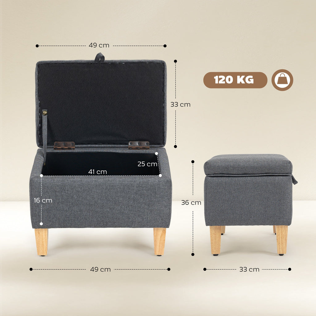 16L Linen Storage Ottoman Padded Footstool with Rubberwood Legs, Charcoal Grey