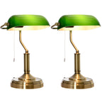 Banker's Table Lamps Set of 2, Desk Lamps with Antique Bronze Tone Base, Green Glass Shade and Pull Rope Switch for Home Office, Living Room, Bedroom, Dining Room, Green
