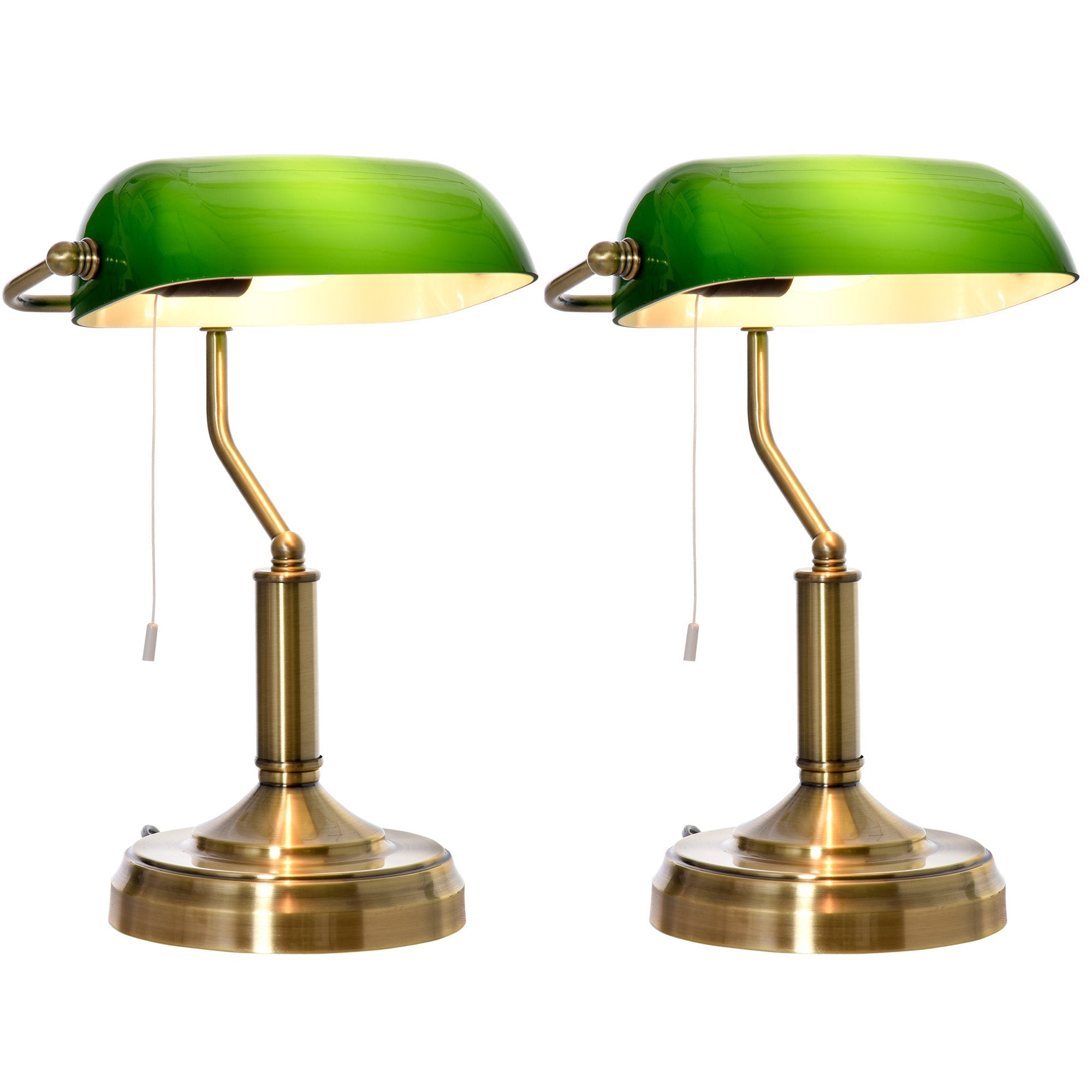 Banker's Table Lamps Set of 2, Desk Lamps with Antique Bronze Tone Base, Green Glass Shade and Pull Rope Switch for Home Office, Living Room, Bedroom, Dining Room, Green