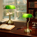 Banker's Table Lamps Set of 2, Desk Lamps with Antique Bronze Tone Base, Green Glass Shade and Pull Rope Switch for Home Office, Living Room, Bedroom, Dining Room, Green Green