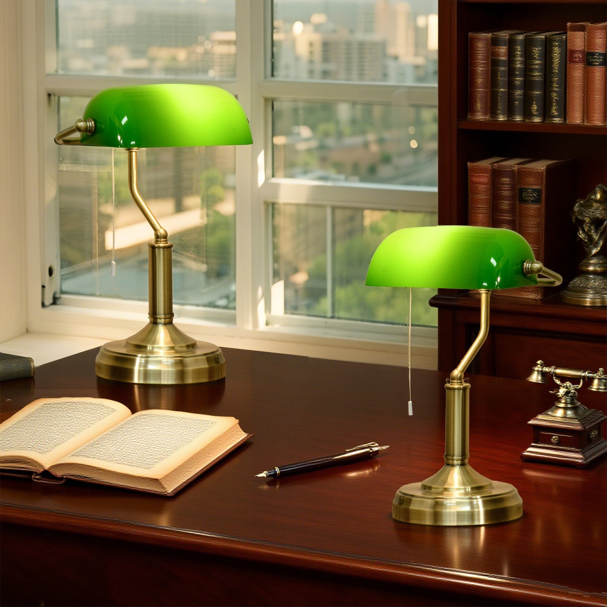 Banker's Table Lamps Set of 2, Desk Lamps with Antique Bronze Tone Base, Green Glass Shade and Pull Rope Switch for Home Office, Living Room, Bedroom, Dining Room, Green Green