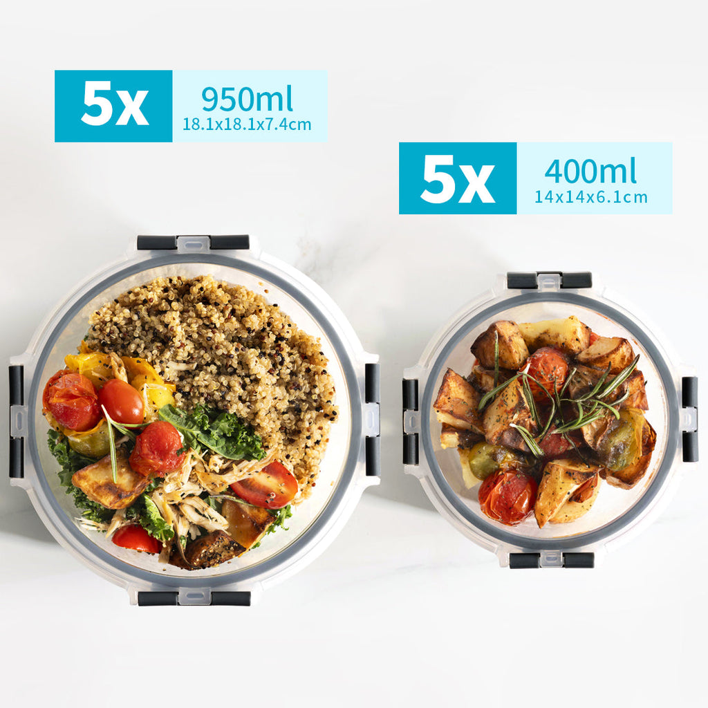 Round Glass Containers with Airtight Lids - 950ml & 400ml - 10 PACK