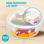 Round Glass Containers with Steam Vent Lid - 950ml - 5 PACK + 1 extra lid