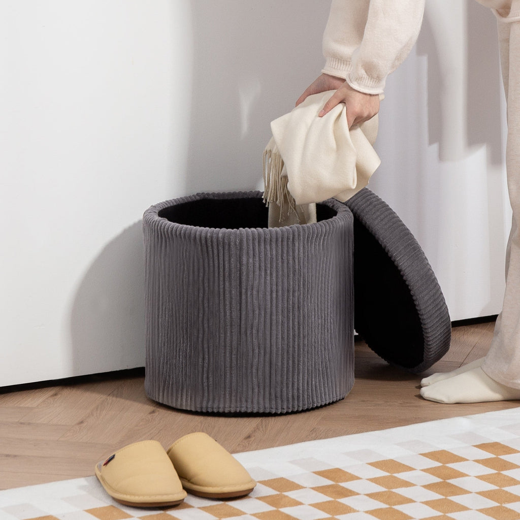 40cm Round Storage Ottoman, Corduroy Footstool with Removable Lid and Legs, Grey