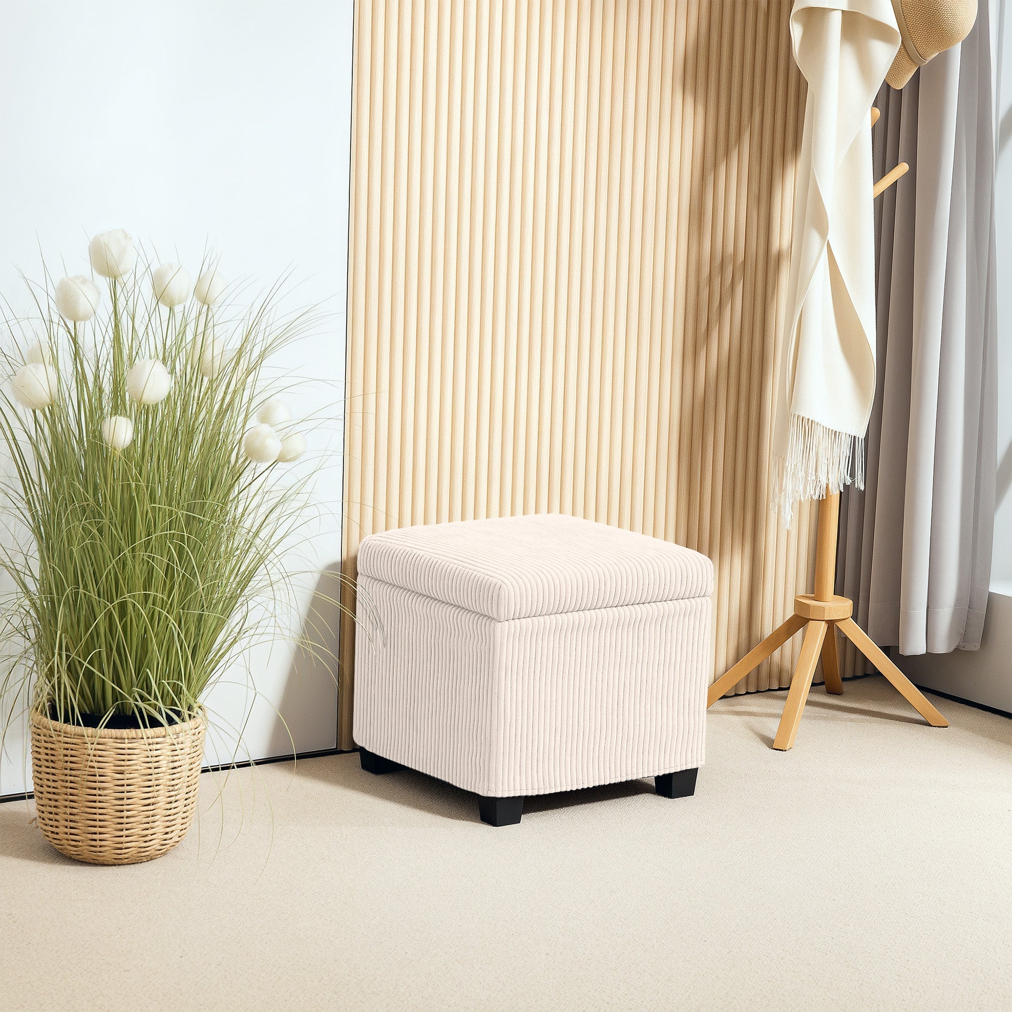 Storage Ottoman Bench, Corduroy Footstool with Removable Lid and Legs, Beige
