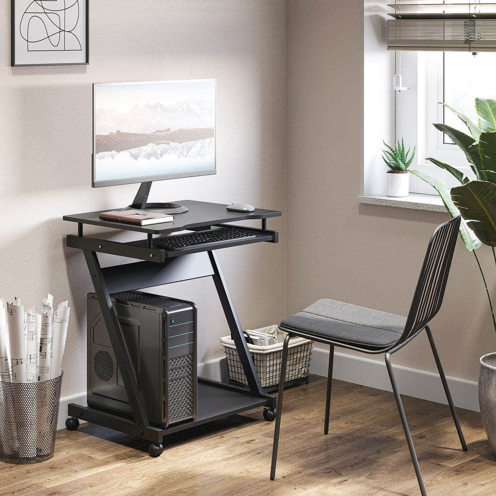 Movable Computer Desk with 4 Moving Wheels, Sliding Keyboard Tray, Home Office Workstation, Black