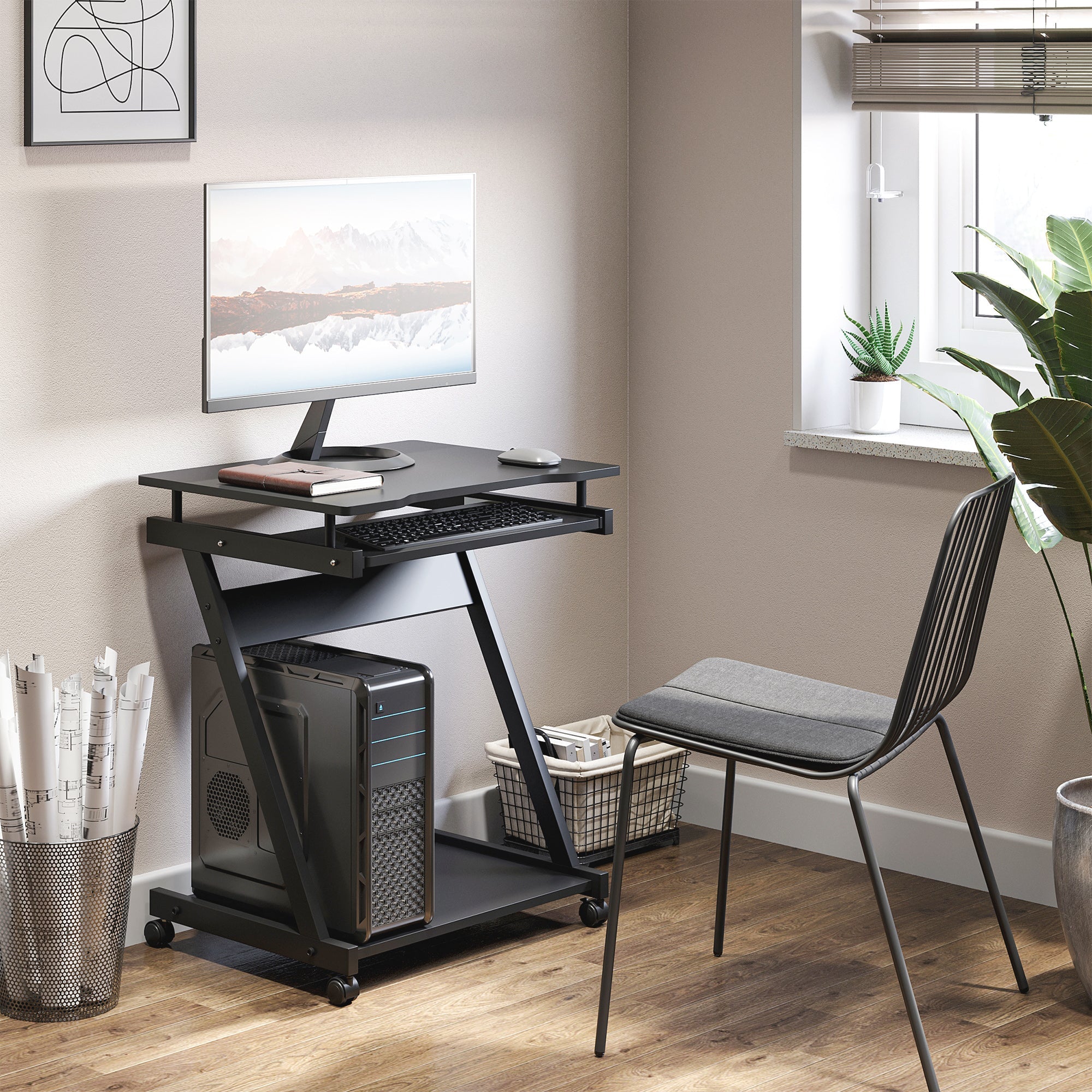 Movable Computer Desk with 4 Moving Wheels, Sliding Keyboard Tray, Home Office Workstation, Black