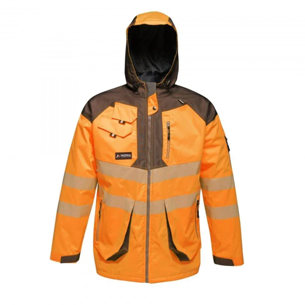 Regatta TRA340 Tactical Hi-Vis Waterproof Hooded Work Jacket Orange Grey