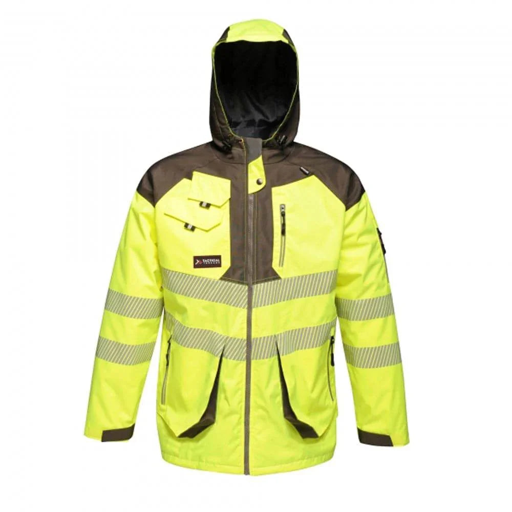 Regatta TRA340 Tactical Hi-Vis Waterproof Hooded Work Jacket Yellow Grey