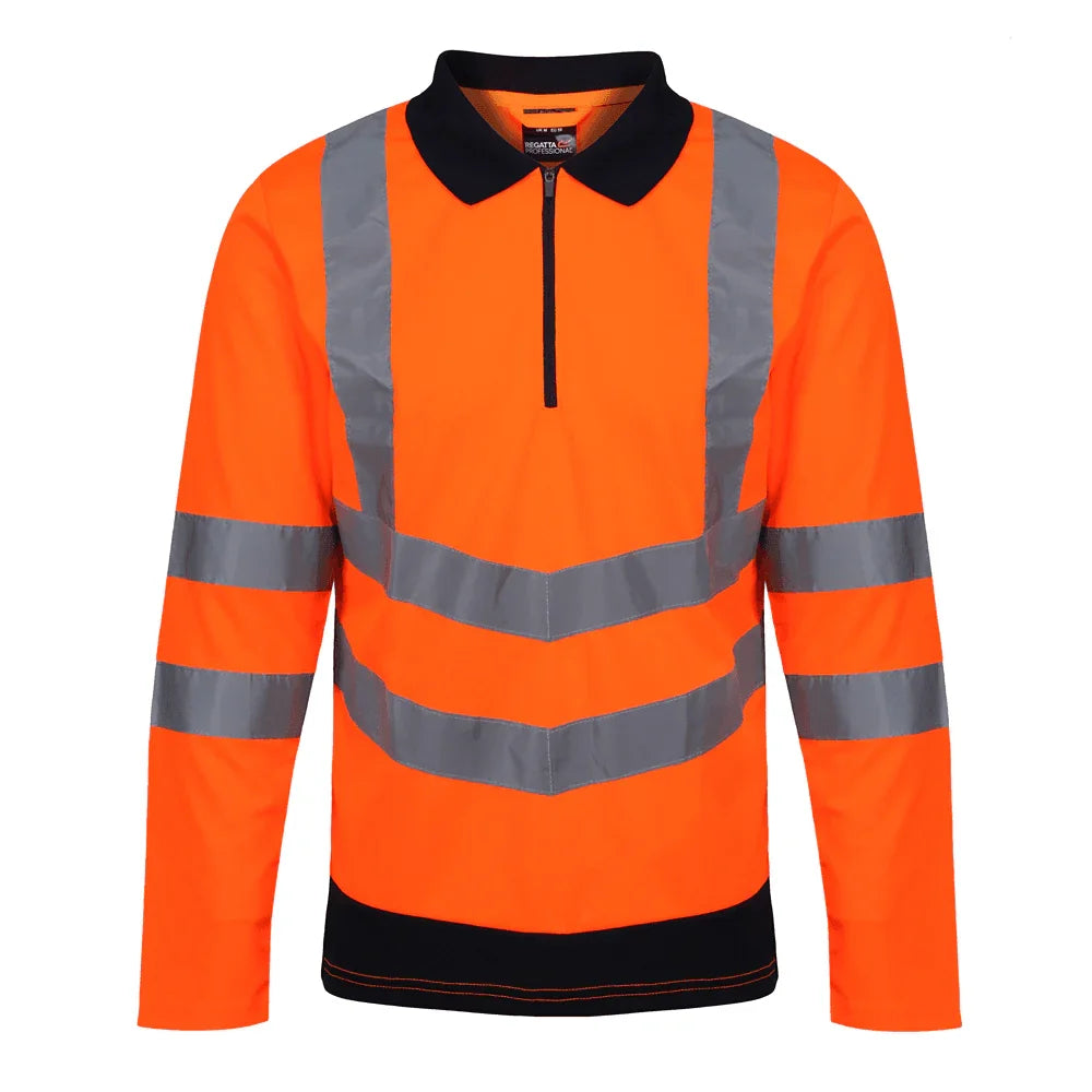 Regatta TRS192 Pro Hi-Vis Long Sleeved Polo Shirt Orange Navy Blue