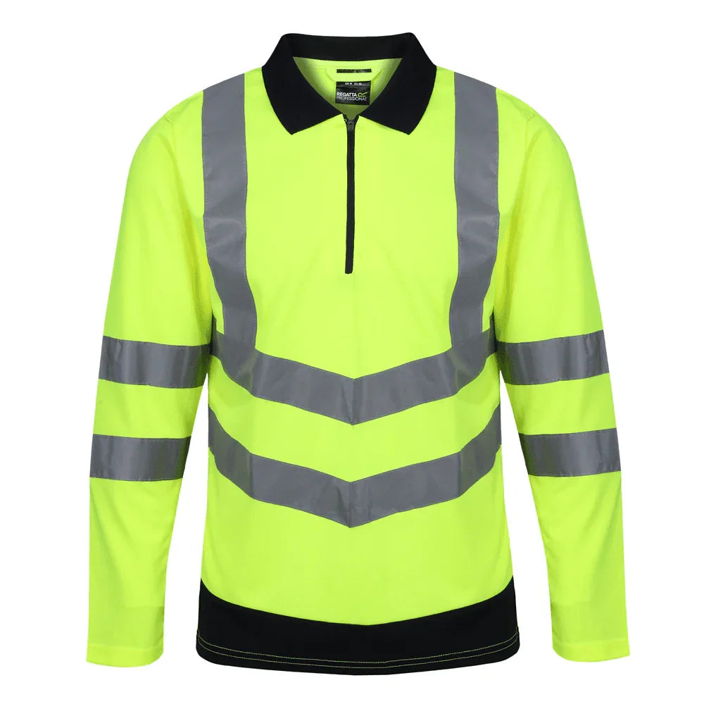 Regatta TRS192 Pro Hi-Vis Long Sleeved Polo Shirt Yellow Navy Blue