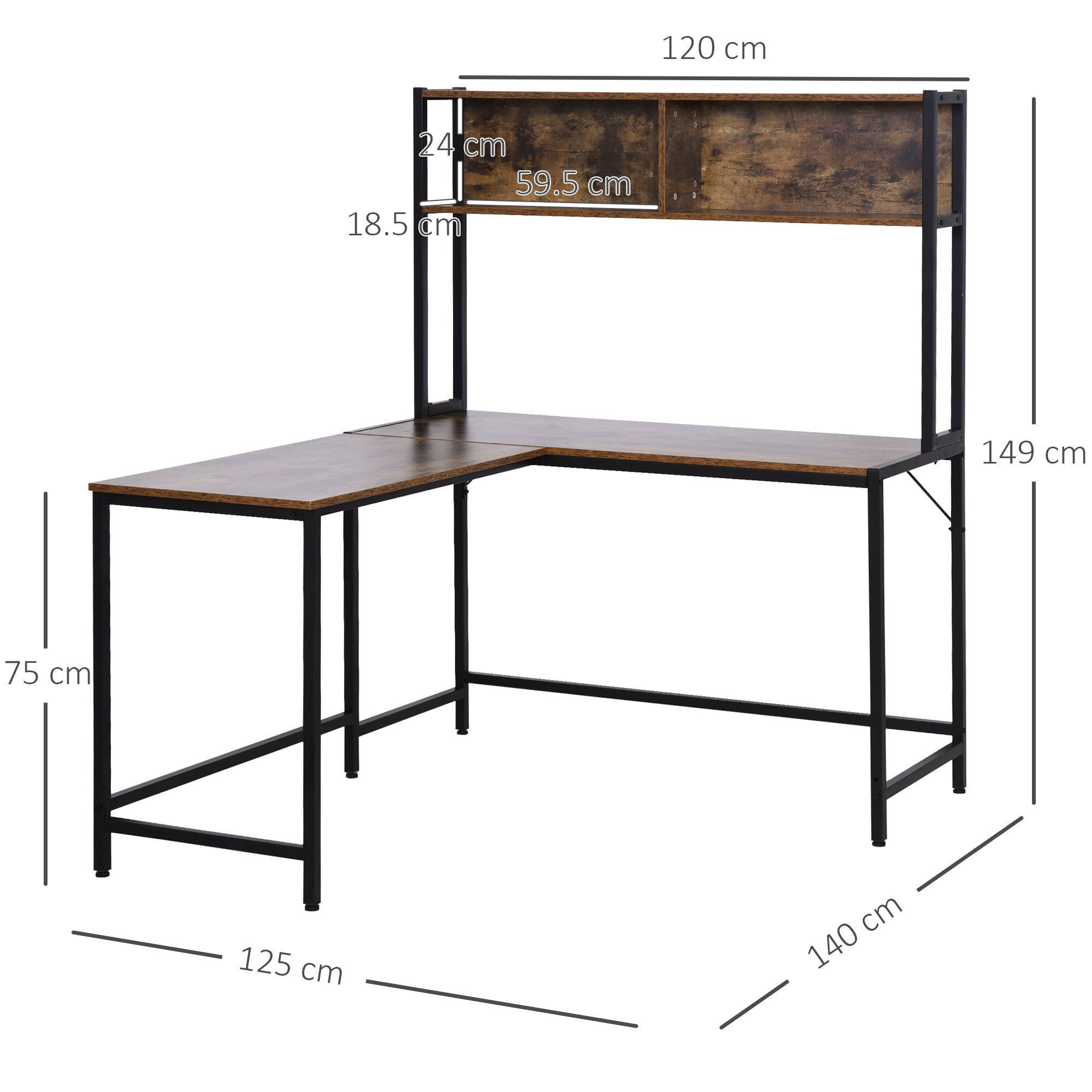 Reversible L Shaped Desk with Hutch, Industrial Computer Desk, Corner Desk with Storage Compartments and Steel Frame for Home Office, Study, 140 x 125cm, Brown