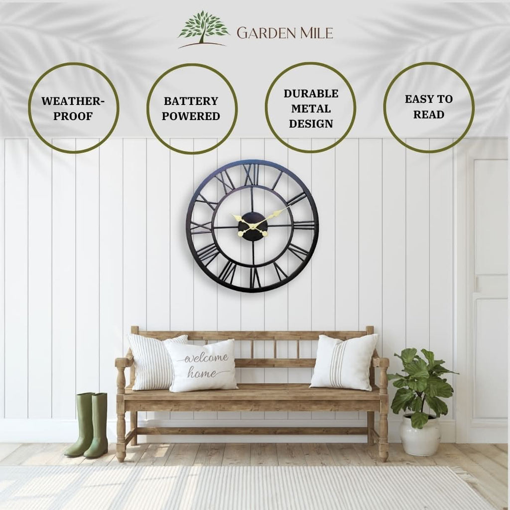 50cm Black Garden Wall Clock Waterproof Roman Numeral Design