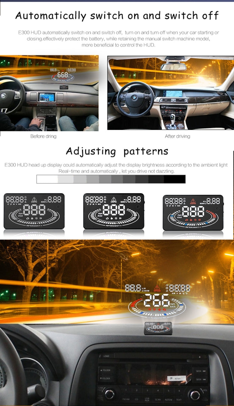 E300 5.5 inch Car OBDII / EUOBD HUD Vehicle-mounted Head Up Display Security System, Support Speed & Fuel Consumption, Overspeed Alarm, Fuel Consumption, Water Temperature, etc., E300
