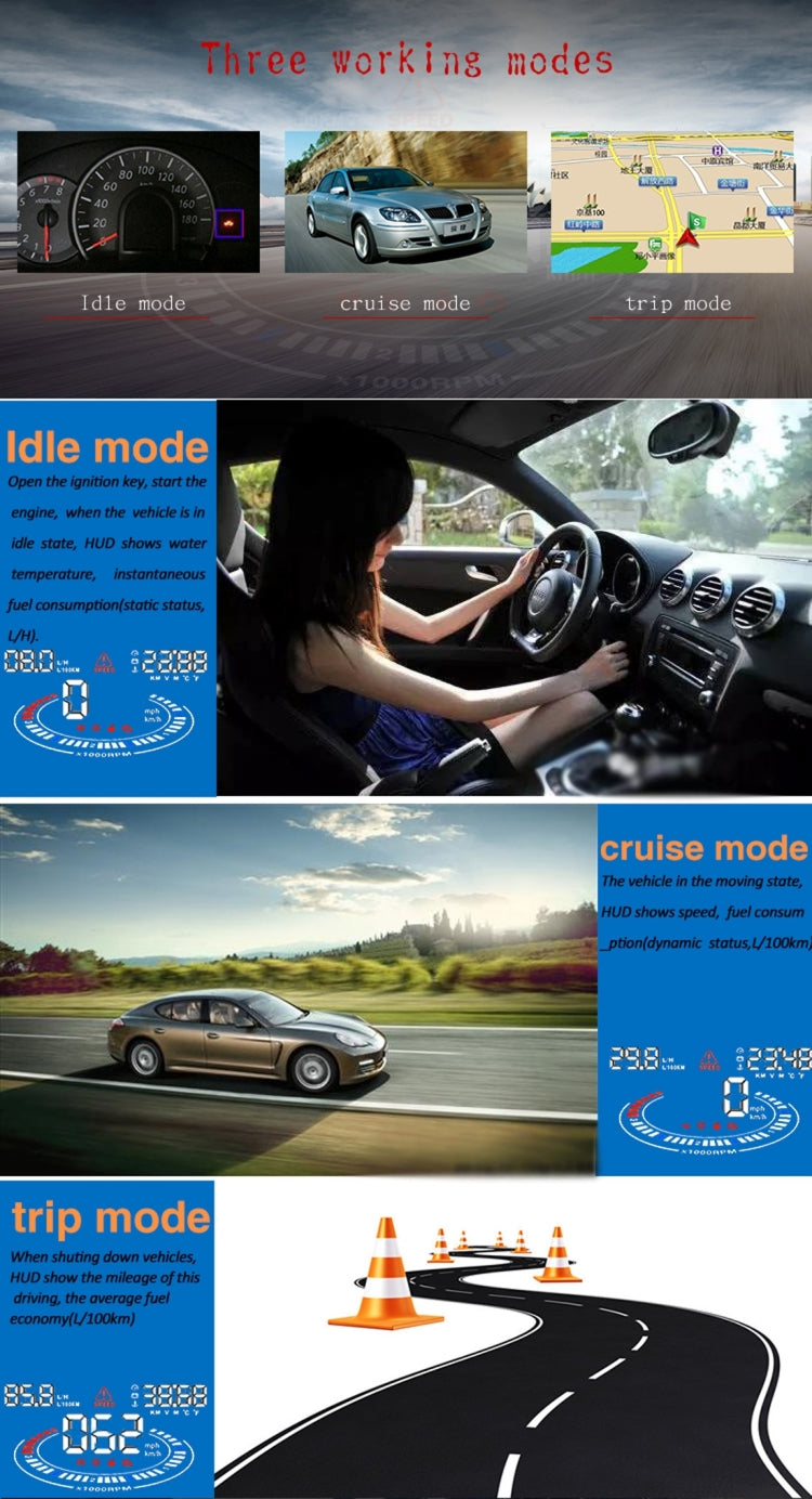 E300 5.5 inch Car OBDII / EUOBD HUD Vehicle-mounted Head Up Display Security System, Support Speed & Fuel Consumption, Overspeed Alarm, Fuel Consumption, Water Temperature, etc., E300