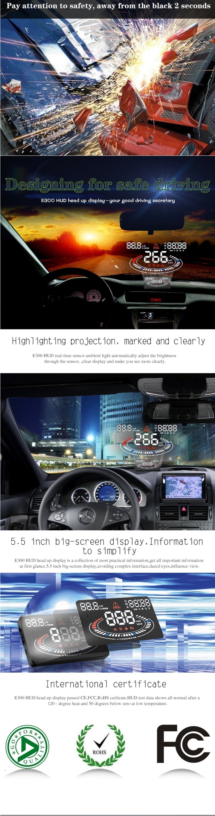 E300 5.5 inch Car OBDII / EUOBD HUD Vehicle-mounted Head Up Display Security System, Support Speed & Fuel Consumption, Overspeed Alarm, Fuel Consumption, Water Temperature, etc., E300