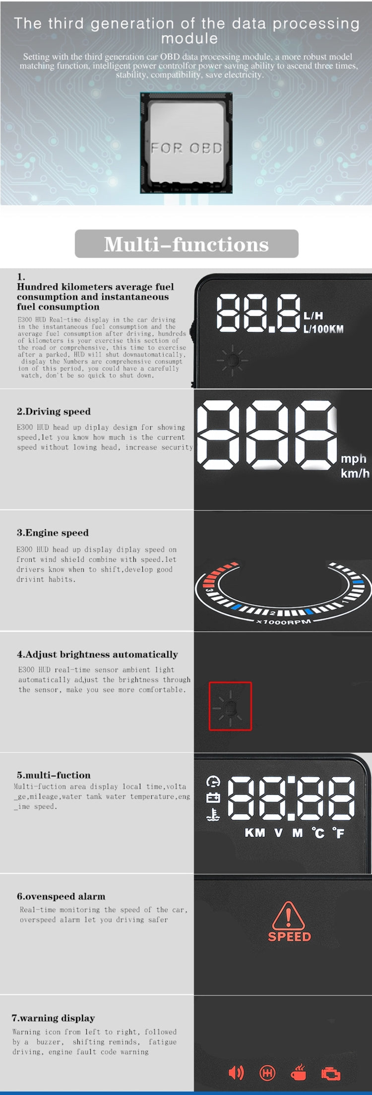 E300 5.5 inch Car OBDII / EUOBD HUD Vehicle-mounted Head Up Display Security System, Support Speed & Fuel Consumption, Overspeed Alarm, Fuel Consumption, Water Temperature, etc., E300