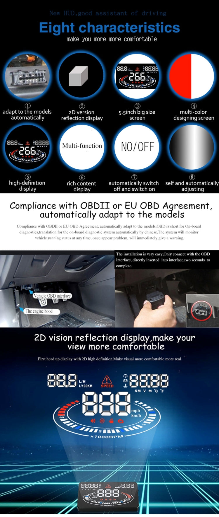 E300 5.5 inch Car OBDII / EUOBD HUD Vehicle-mounted Head Up Display Security System, Support Speed & Fuel Consumption, Overspeed Alarm, Fuel Consumption, Water Temperature, etc., E300