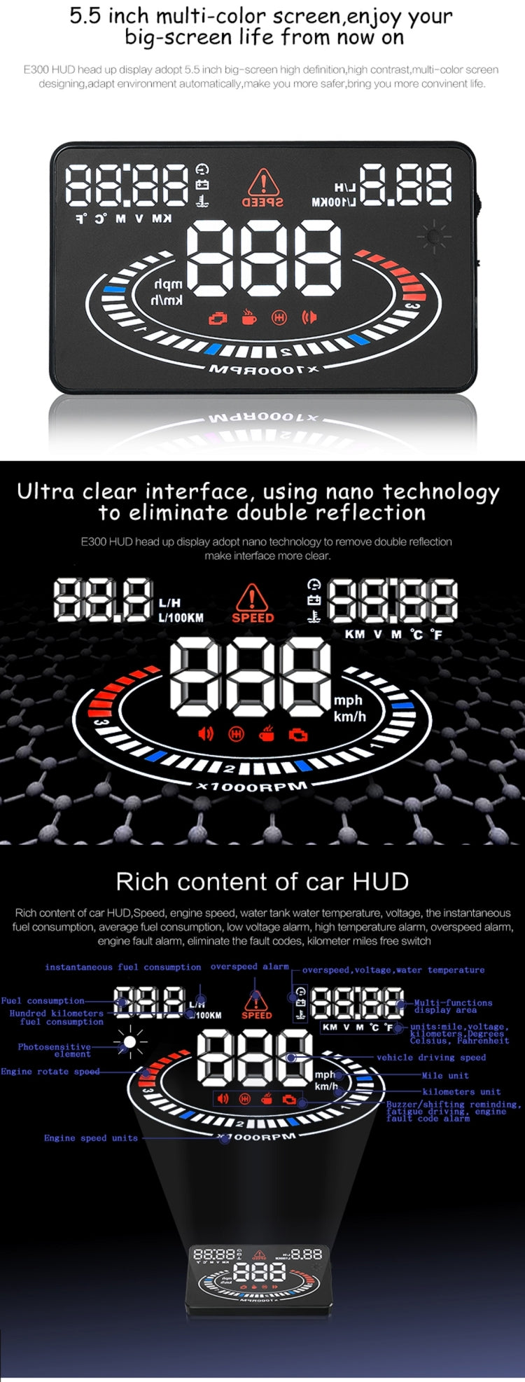 E300 5.5 inch Car OBDII / EUOBD HUD Vehicle-mounted Head Up Display Security System, Support Speed & Fuel Consumption, Overspeed Alarm, Fuel Consumption, Water Temperature, etc., E300