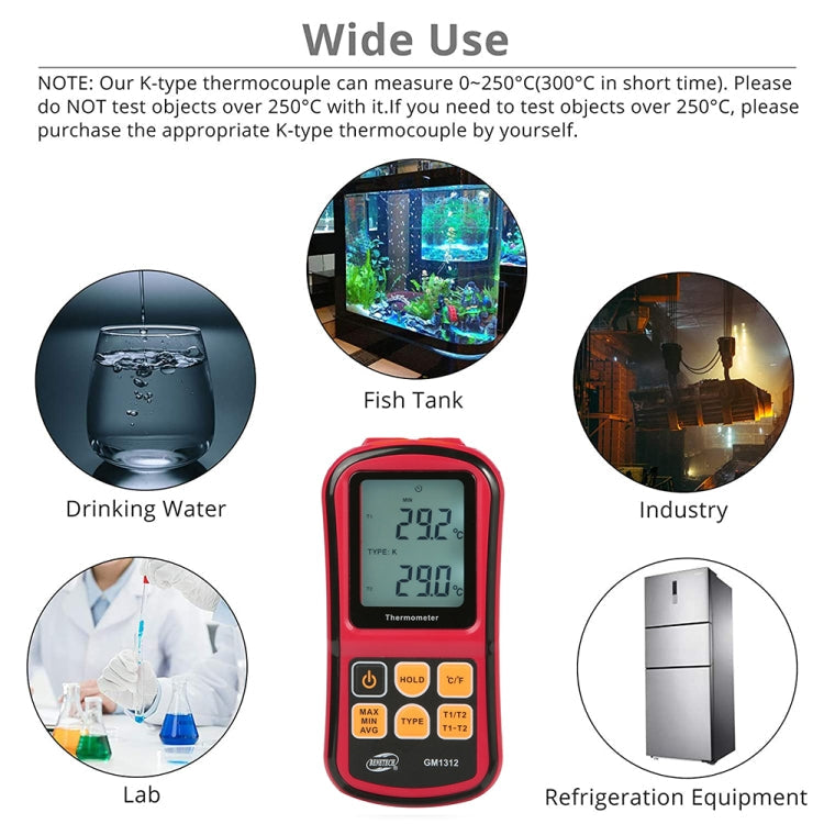 BENETECH GM1312 2.4 inch LCD Screen Thermocouple Thermometer Measure J,K,T,E,N and R Type, Measure Range: -50~300C – Durable Build, Easy to Use