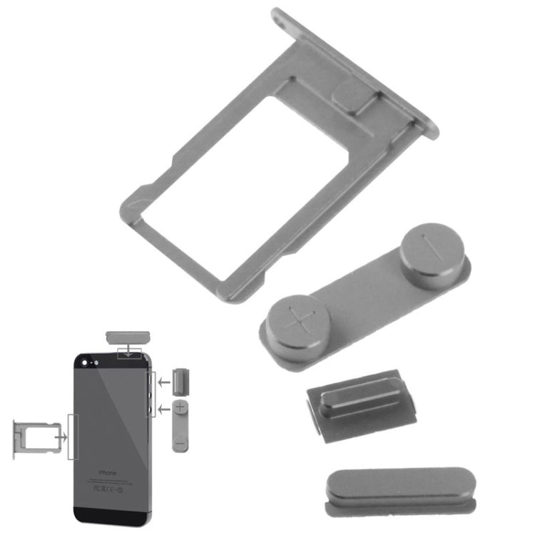 4 in 1 for iPhone 5 & 5S Original Alloy Material Colorful Nano SIM Card Tray + Volume Button + Power Button + Mute Button, For iPhone 5 & 5S For iPhone 5 & 5S Dark Grey