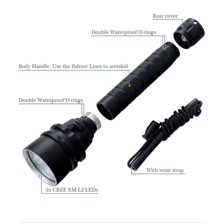 5 x LED White Light Diving Flashlight, 6800 LM, Diving Depth: 150m