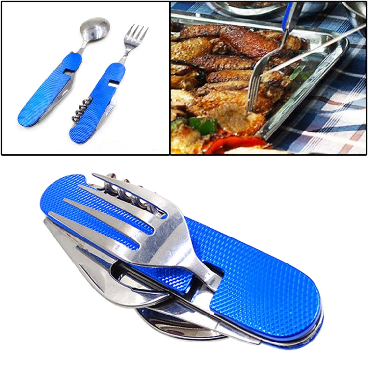6-in-1 Stainless Steel Travel / Camping Folding Cutlery Set, Spoon + Fork + Knife + Bottle Opener Set Blue