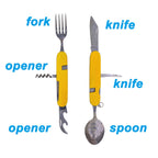 6-in-1 Stainless Steel Travel / Camping Folding Cutlery Set, Spoon + Fork + Knife + Bottle Opener Set