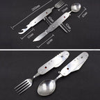 6-in-1 Stainless Steel Travel / Camping Folding Cutlery Set, Spoon + Fork + Knife + Bottle Opener Set