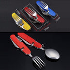 6-in-1 Stainless Steel Travel / Camping Folding Cutlery Set, Spoon + Fork + Knife + Bottle Opener Set