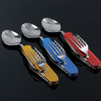 6-in-1 Stainless Steel Travel / Camping Folding Cutlery Set, Spoon + Fork + Knife + Bottle Opener Set