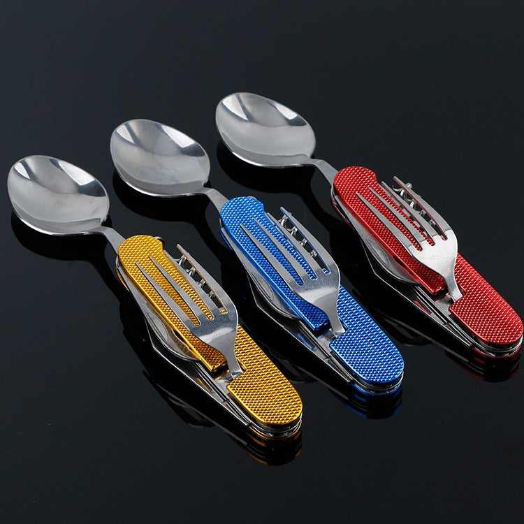 6-in-1 Stainless Steel Travel / Camping Folding Cutlery Set, Spoon + Fork + Knife + Bottle Opener Set
