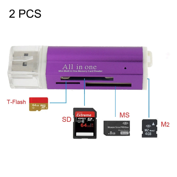 2 PCS Multi All in 1 USB 2.0 Micro SD SDHC TF M2 MMC MS PRO DUO Memory Card Reader – Durable Build, Easy to Use Purple