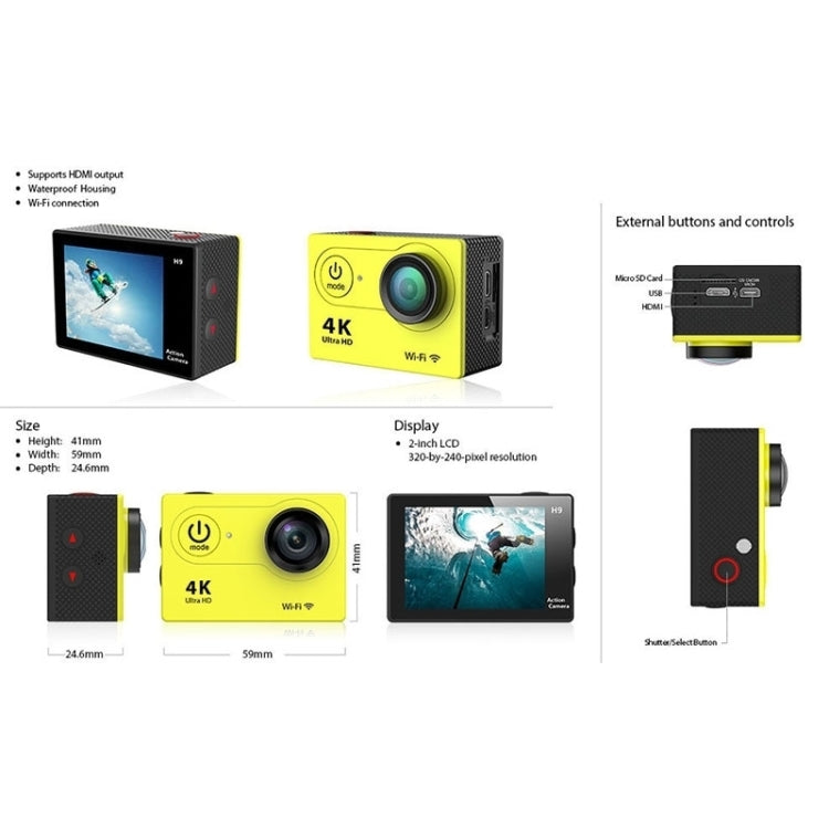 H9 4K Ultra HD1080P 12MP 2 inch LCD Screen WiFi Sports Camera, 170 Degrees Wide Angle Lens, 30m Waterproof, H9 4K (Black) – Waterproof, TPU, 4K