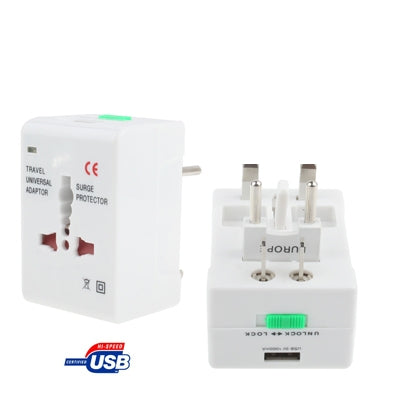 Universal US / EU / AU / UK Travel AC Power Adaptor Plug with USB Charger Socket, With USB Port With USB Port