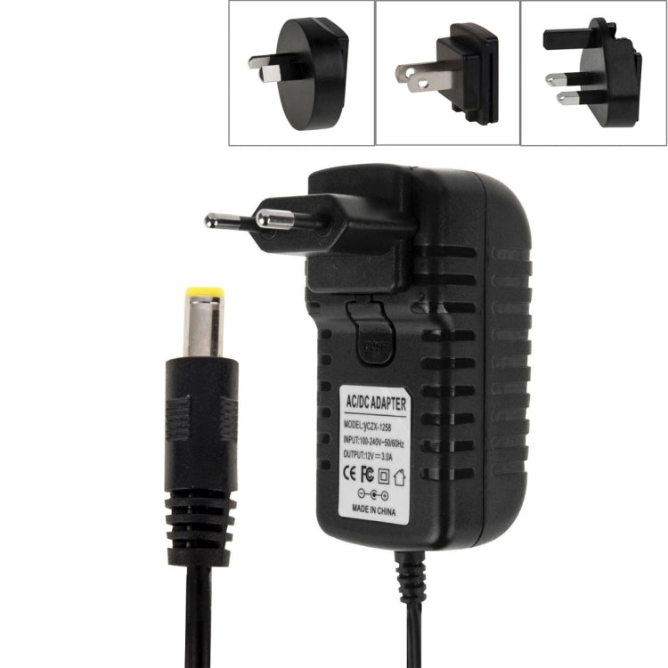 4 in 1 EU Plug + US Plug + UK Plug + AU Plug AC 100-240V to DC 12V 3A Power Adapter, Tips: 5.5 x 2.1mm, Cable Length: about 1.2m, EU+US+UK+AU Plug EU+US+UK+AU Plug