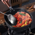 24cm Refined Iron Square Deep Skillet with Glass Lid & Wooden Handle – No Coating, Flat Bottom, Deep Wok-Style Stir Fry Pan, Great Cookware for Frying, Boiling, and Stir-Frying