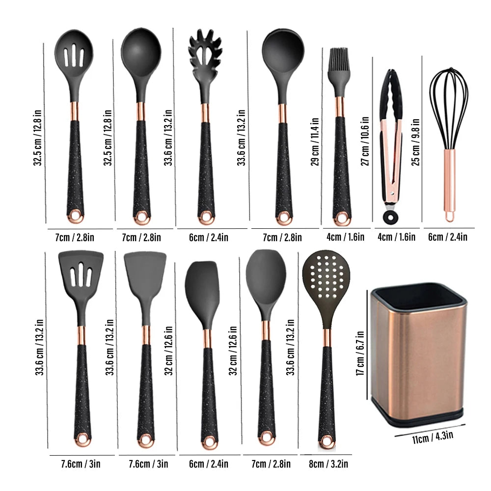 Silicone Cooking Utensils Set with Gold-Plated Handles – Non-Stick Safe, Heat Resistant | Black &amp; Beige | Available in 5, 7, 10 &amp; 12-Piece Sets