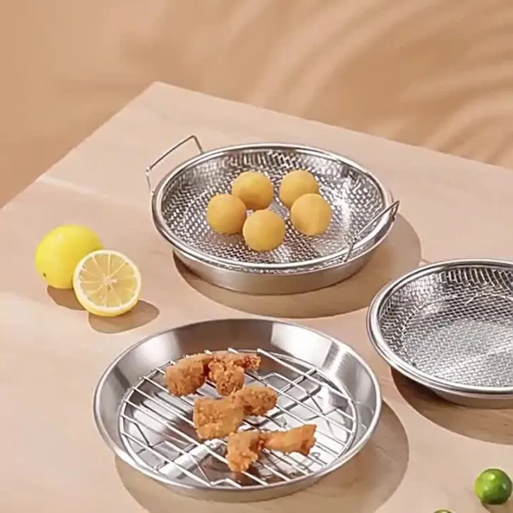 Multi-Use Round Stainless Steel Frying Oil Strainer/Drainer Mesh Rack with Elevated Handles and Drip Tray Set, 2-in-1 Mesh Basket & Tray Combo for Fried Foods, Chicken, Fries & Tempura, Strainer, Vegetable Washing & Baking Cooling