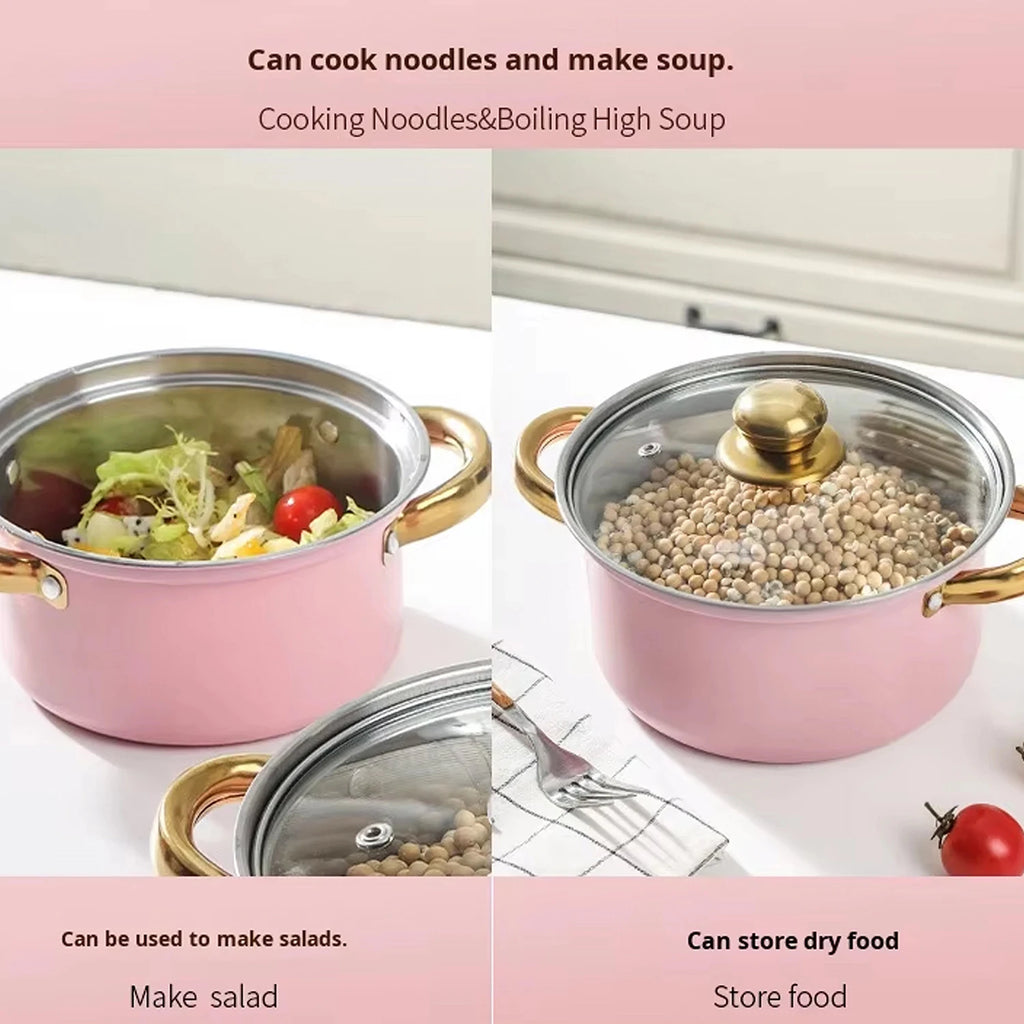 16-Piece Pink Stainless Steel Cookware & Kitchenware Set – Cooking Pots and Stockpots with Glass Lids, Silicone Kitchen Utensils, Stylish Cookware for Everyday Cooking