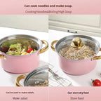 16-Piece Pink Stainless Steel Cookware & Kitchenware Set – Cooking Pots and Stockpots with Glass Lids, Silicone Kitchen Utensils, Stylish Cookware for Everyday Cooking