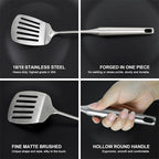 7-Piece Stainless Steel Kitchen Utensils Set – Slotted Turner, Skimmer, Pasta Server, Sauce Spoon,Wok Spatula, Soup Ladle & Holder, Heat-Resistant & Dishwasher Safe