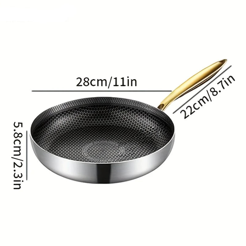 Honeycomb Stainless Steel Non-Stick Frying Pan with Golden Handle | 316 Stainless Steel | Induction & Gas Compatible | Ideal for Steak, Eggs, Pancakes, Fish & Stir-Fries | Available in 22cm, 24cm, 26cm, 28cm & 30cm 28cm