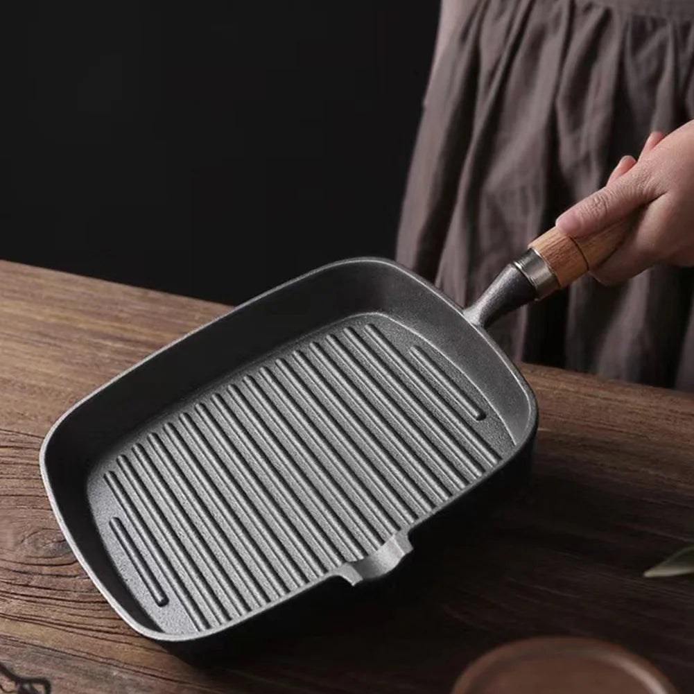 Cast Iron Skillet Frying Pan With Wooden Handle Uncoated Non Stick For Steak Camping Indoor Outdoor Use