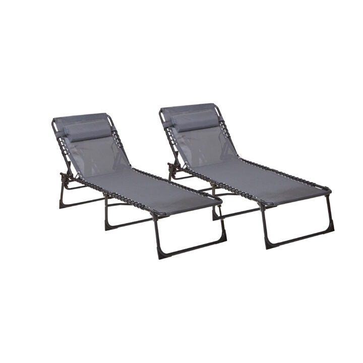 Two Grey Outdoor Folding Sun Loungers