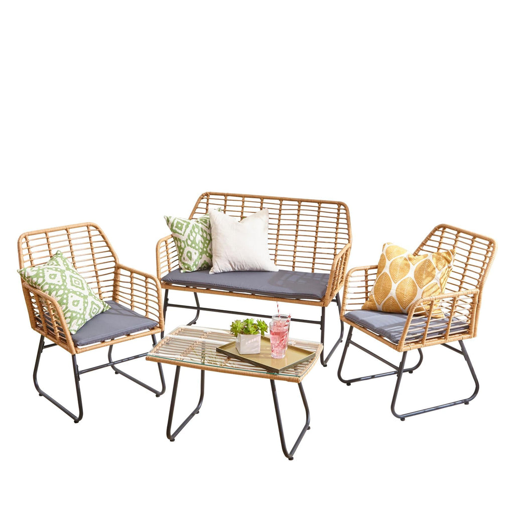 Grey Bamboo Style Garden Sofa, Table & Chairs 4 Piece Set