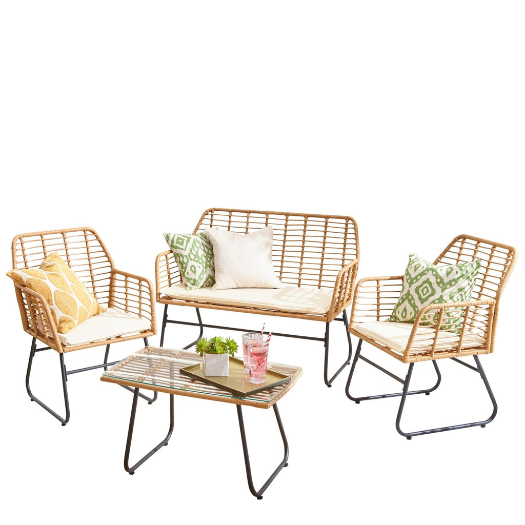 4 Piece Wicker Bamboo Style Garden Sofa, Table & Chairs Set