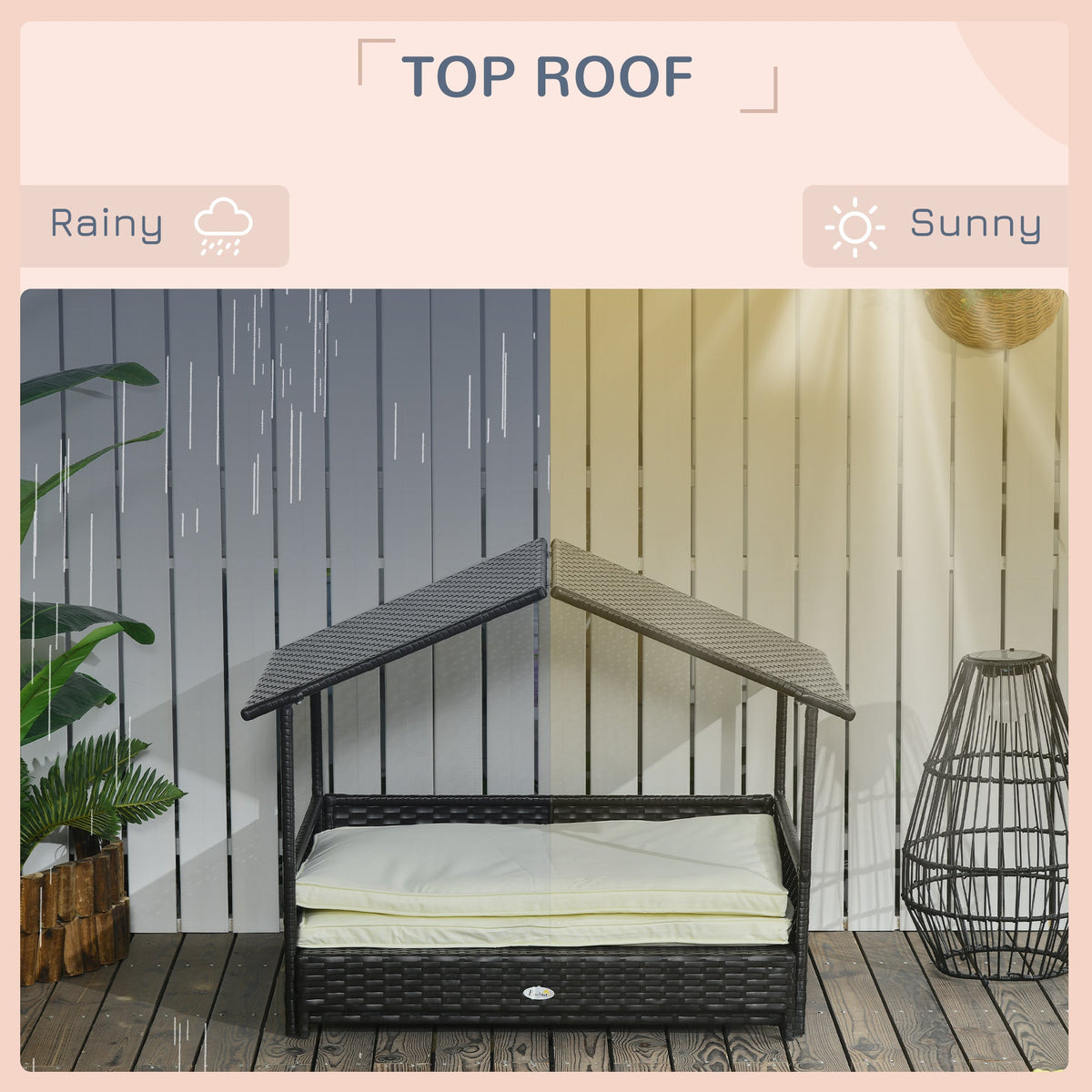 Extendable Rattan Dog House with Water-Resistant Roof, Cushion