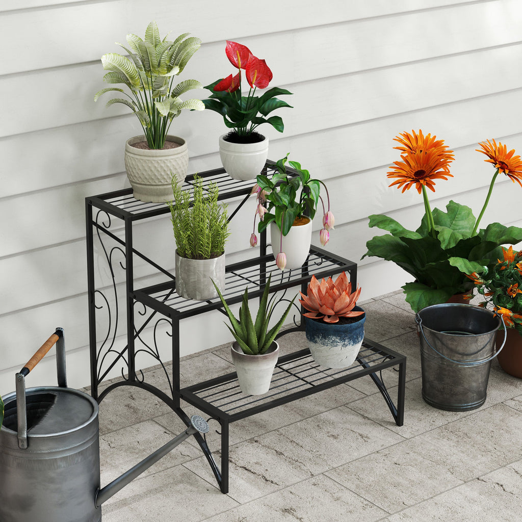 3-Tier Metal Plant Stand for Garden Balcony Indoor Outdoor, Black