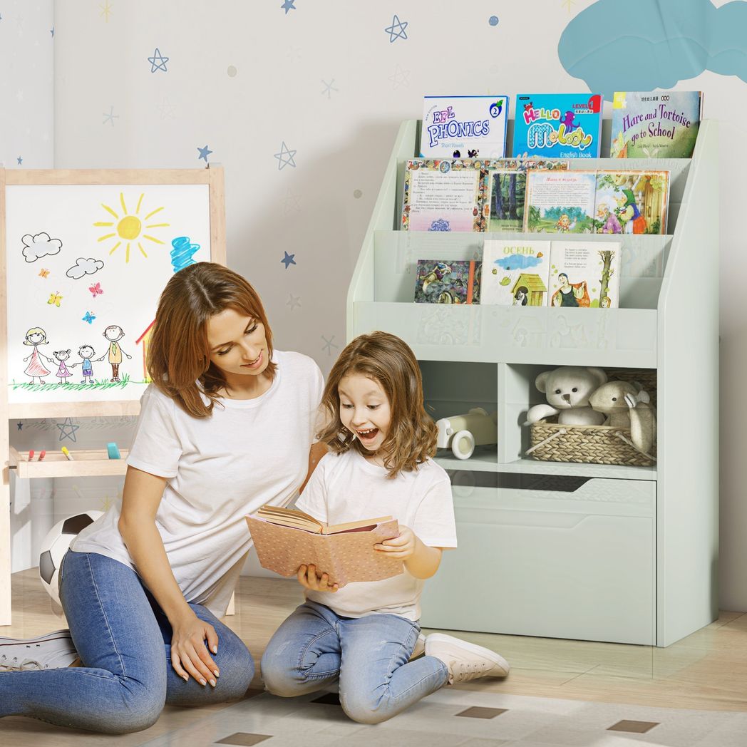 Kids Bookcase, Toy Box w/ Storage Drawer, Wheels for Bedroom